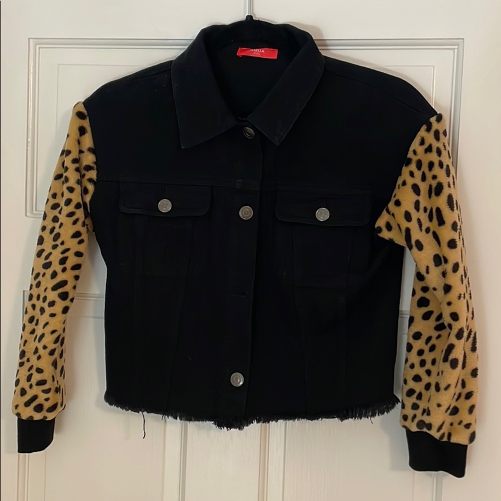 Girls Black Denim and Leopard Jacket
